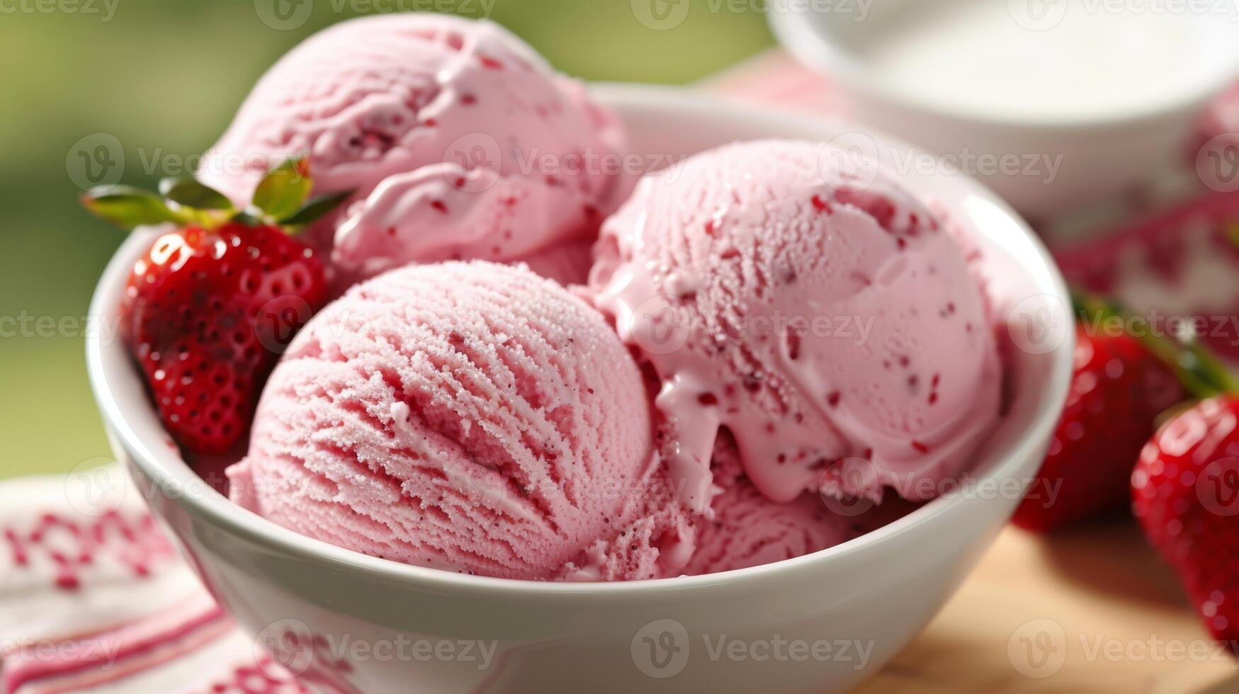 Indulge in a vegan strawberry ice cream bowl filled with freshlypicked strawberries for a light and delightful dessert. This wholesome and refreshing treat is perfect for a sweet and healthy choice photo