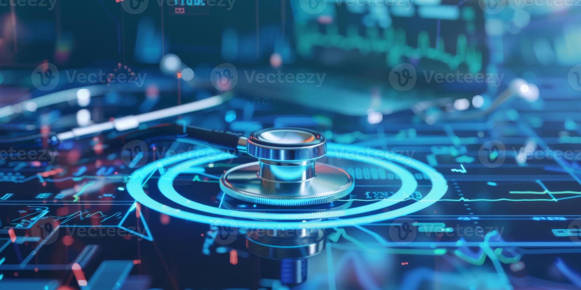 A glimpse into modern healthcare technology advancements featuring digital interfaces and a stethoscope photo