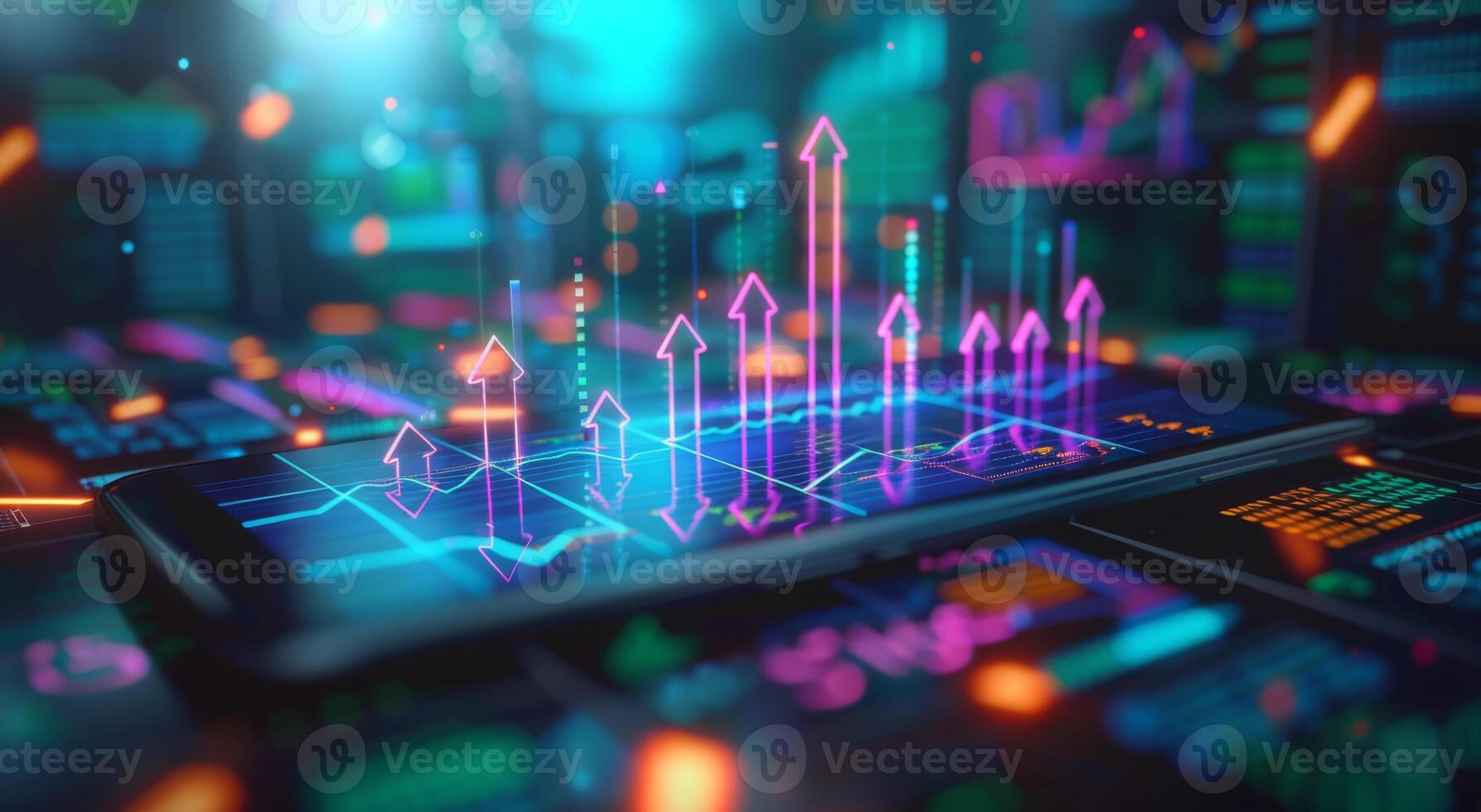 Colorful digital stock market data with upward arrows displayed on a mobile screen, representing growth. photo