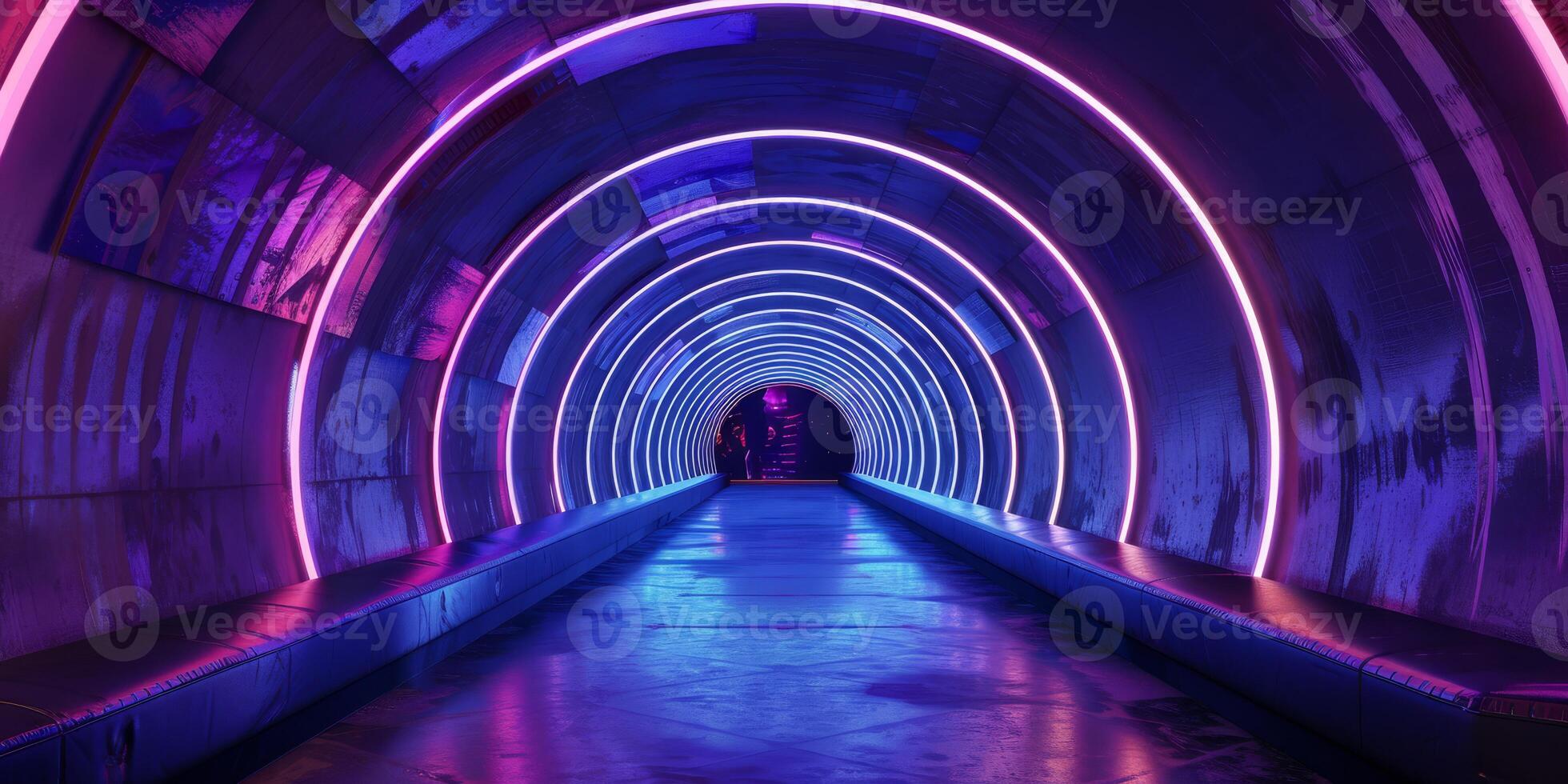 Neonlit tunnel with glowing arches evokes futuristic, cyberpunk atmosphere at night, brimming with dynamic energy photo