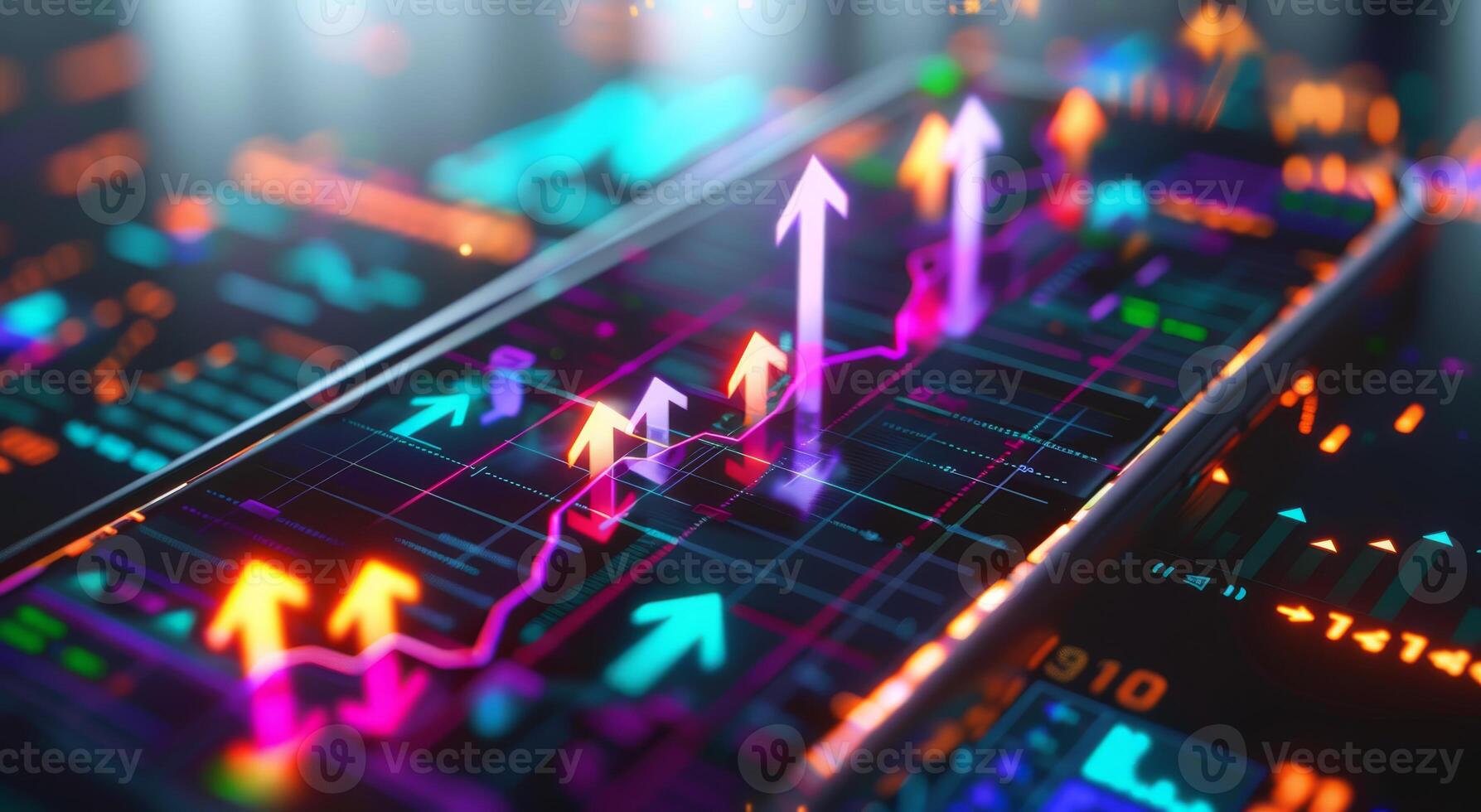 Detailed illustration displaying dynamic stock market graphs with upward trending arrows and data analysis features photo