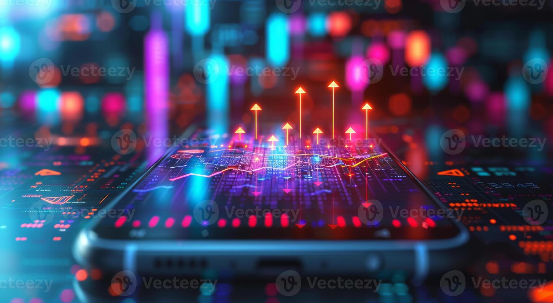 A futuristic smartphone displaying holographic financial data and glowing digital charts on a tech background. photo