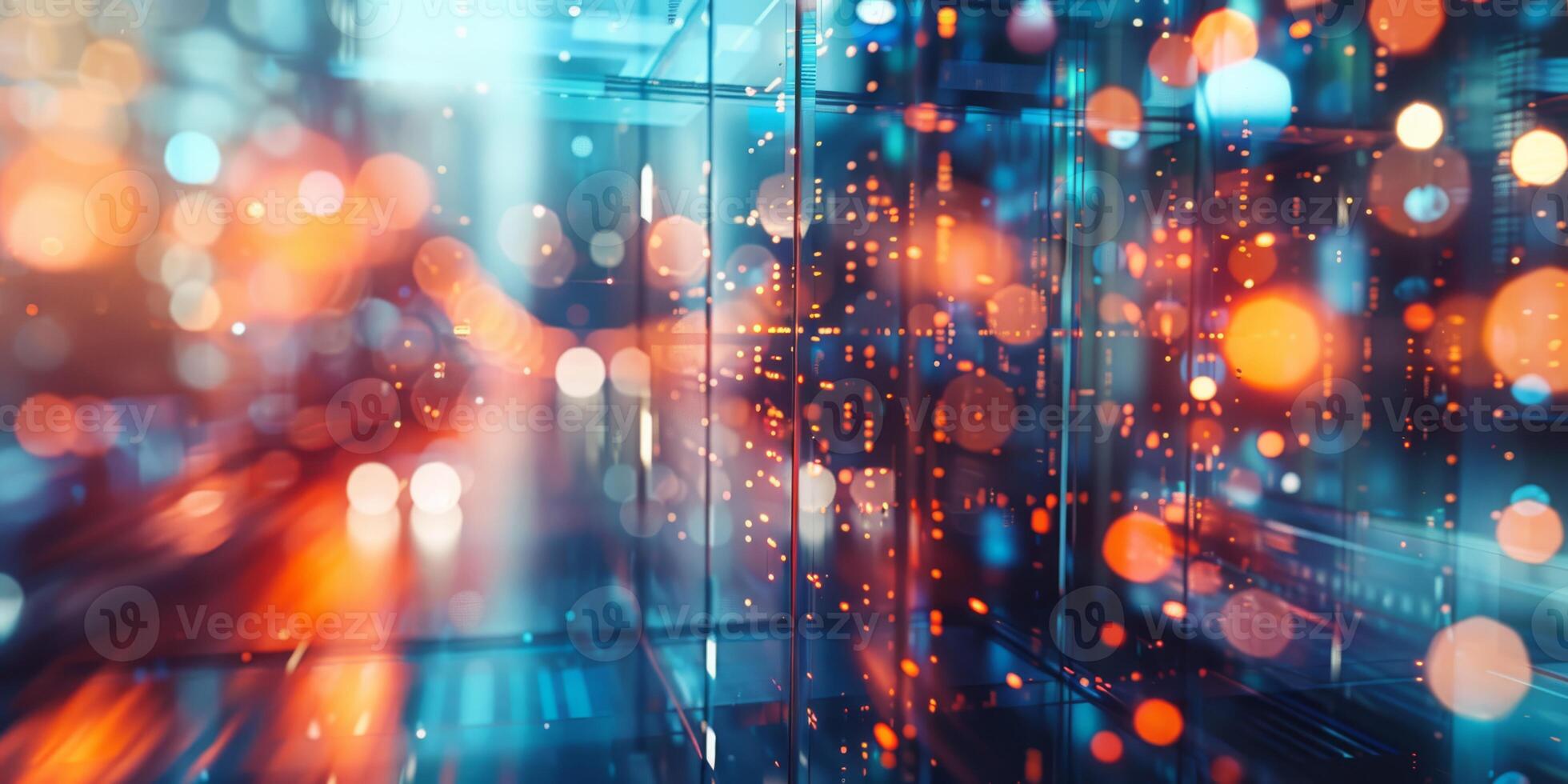 Abstract digital cityscape with glowing lights and data streams representing technology and innovation. photo