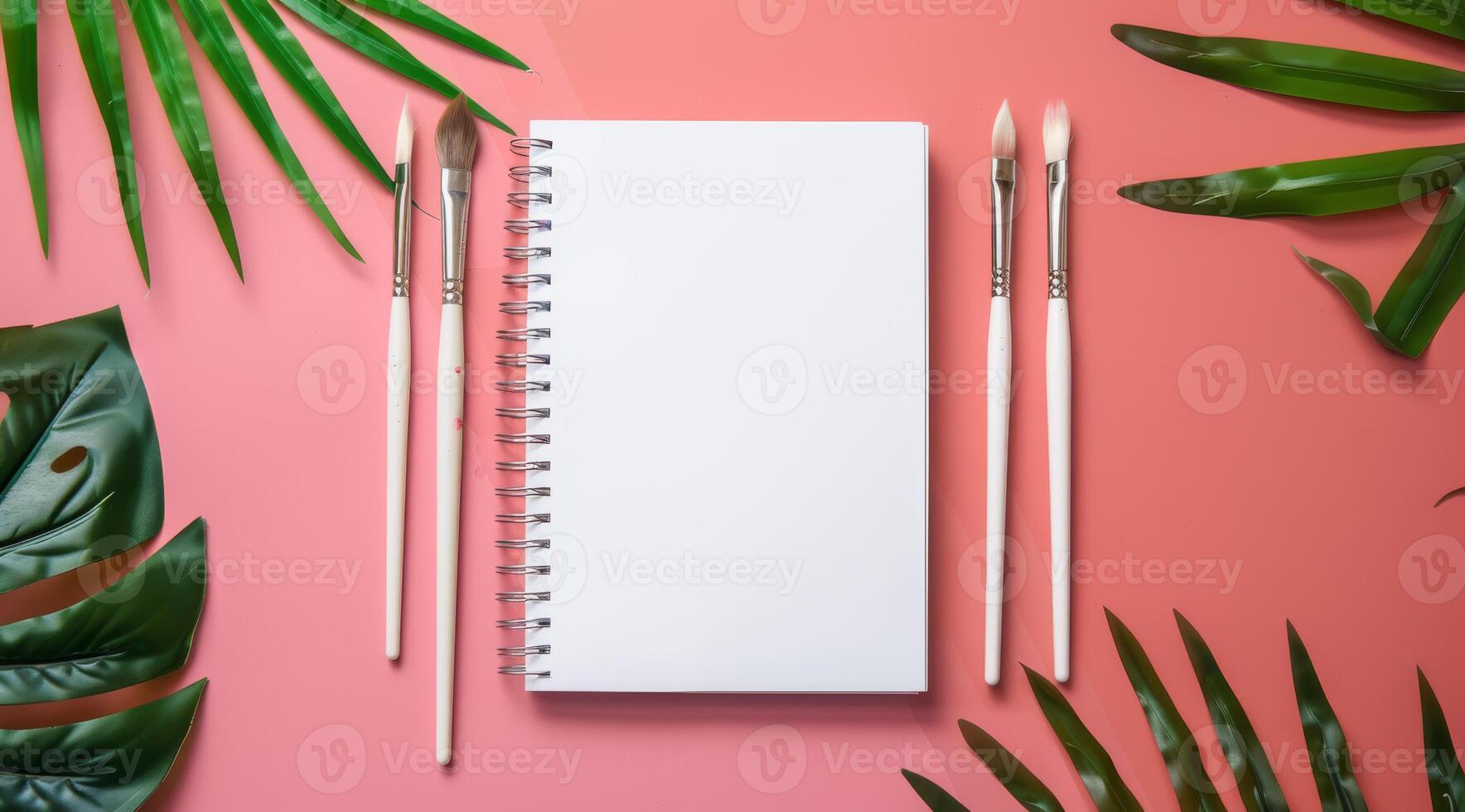 This sophisticated mockup features a pristine notepad alongside artistic brushes and vibrant tropical leaves, perfect for creative projects that require both style and inspiration photo