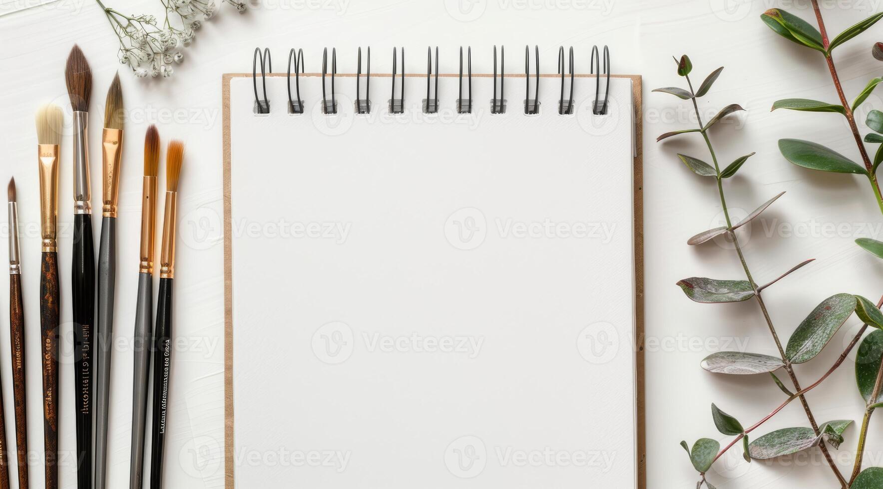 This visually appealing mockup features an empty sketchbook with paintbrushes and greenery, making it an ideal setup for creative projects and a source of inspiration for artists and designers photo