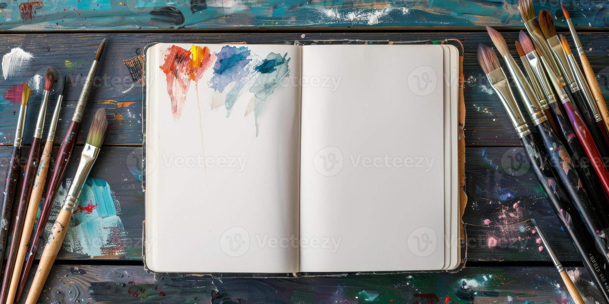 Imagine a vibrant workspace filled with a blank sketchbook, an array of colorful paint splatters, and assorted brushes that are perfect for inspiring boundless creativity and artistic ideas photo