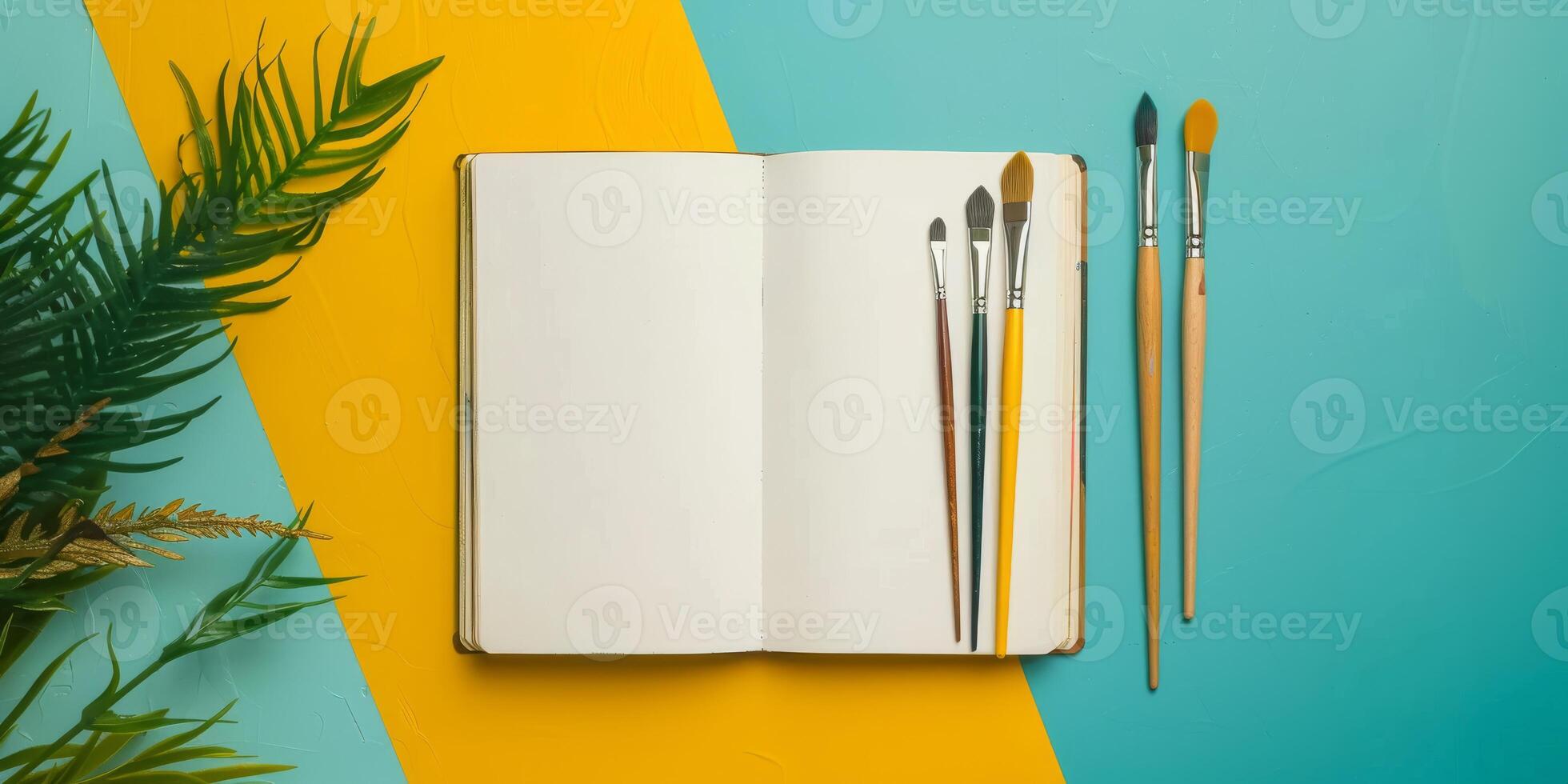 This vibrant mockup features an open sketchbook and colorful paintbrushes against a striking background, ideal for showcasing art projects and unique design work in an inspiring way photo