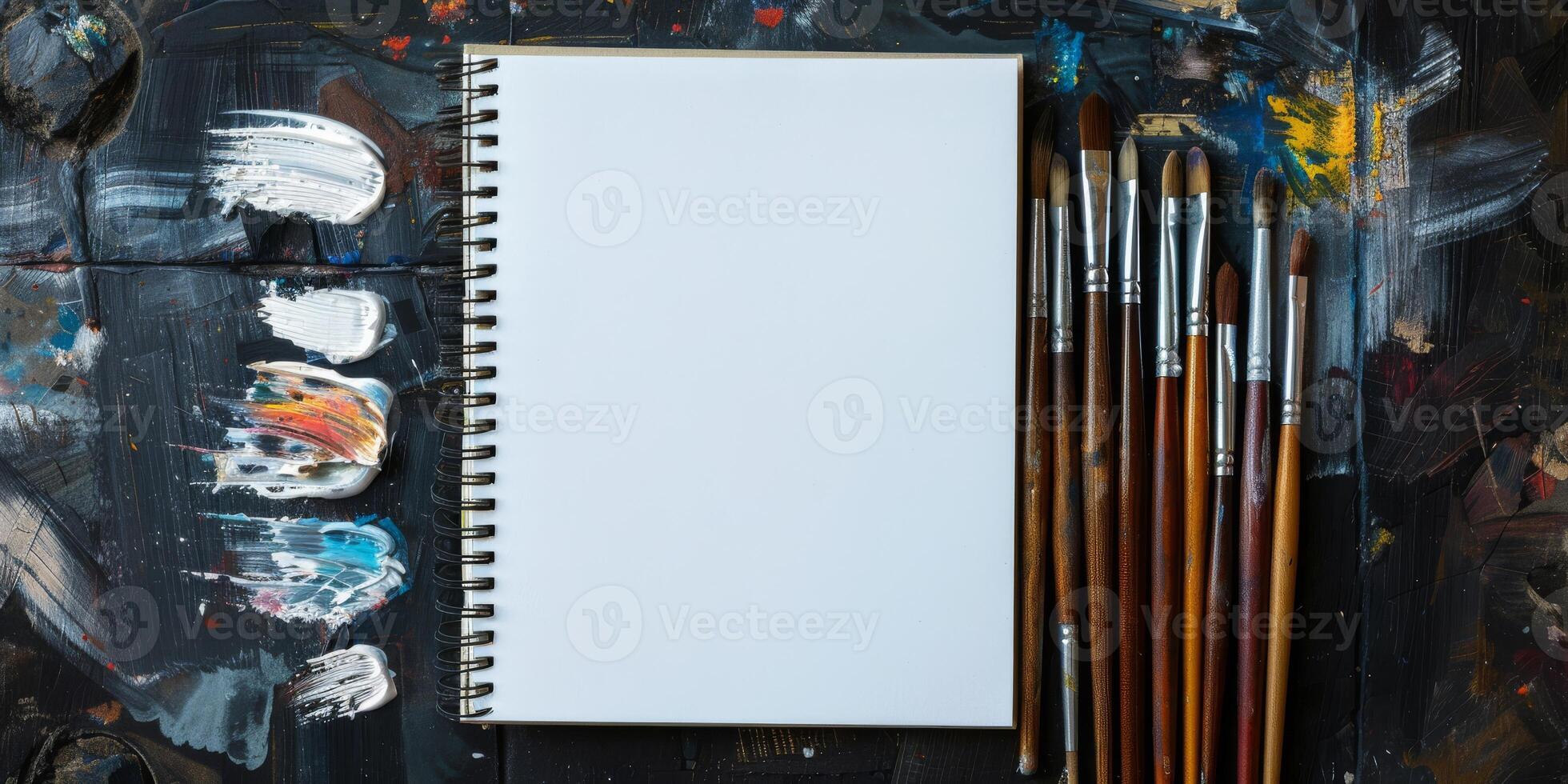 This clean sketchbook, along with paintbrushes and a vibrant palette, is a perfect canvas for artists ready to unleash their creativity in drawing, painting, and mixed media projects photo