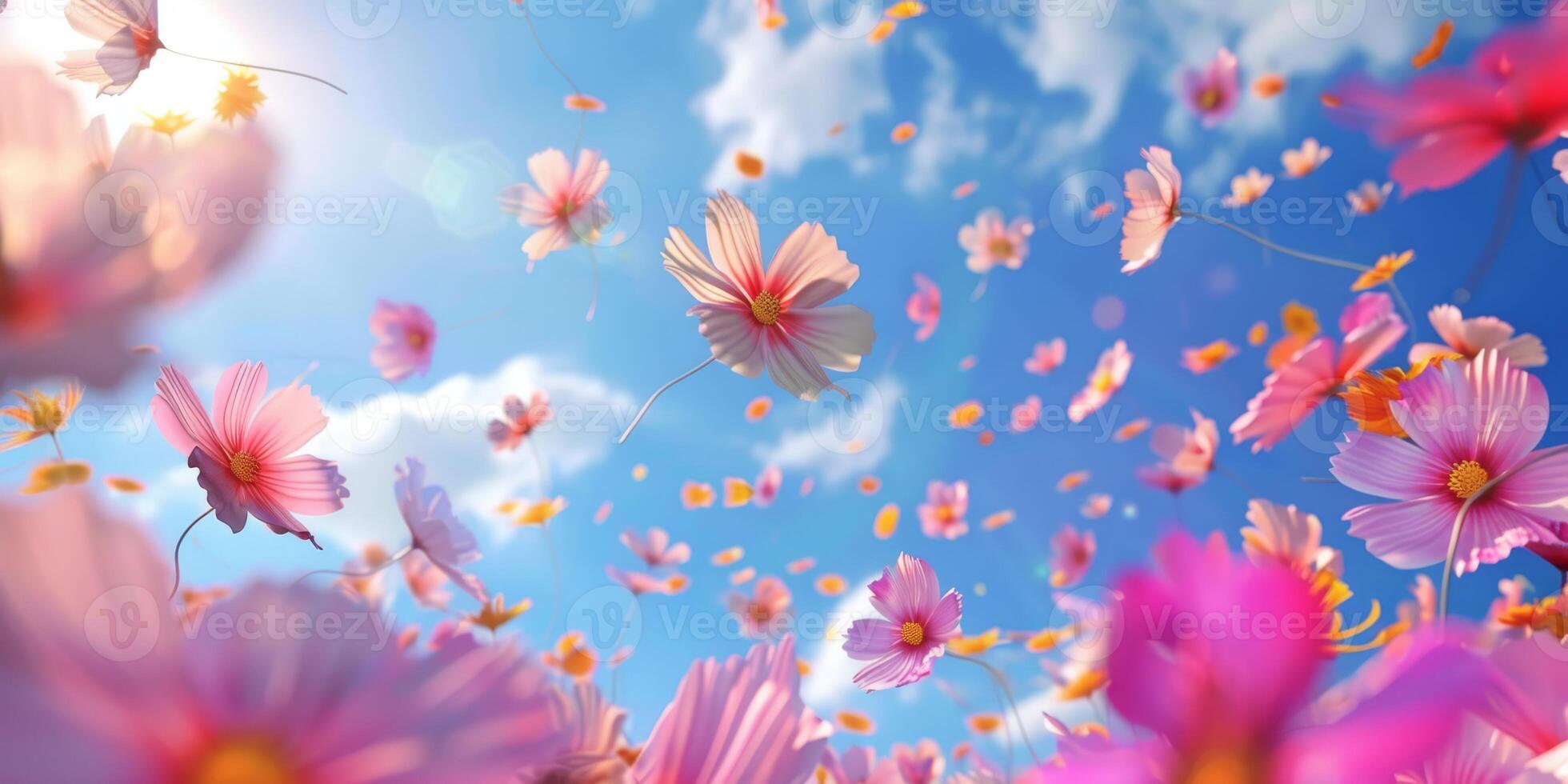 A breathtakingly stunning view of colorful flowers gently floating under a brilliant bright blue sky photo