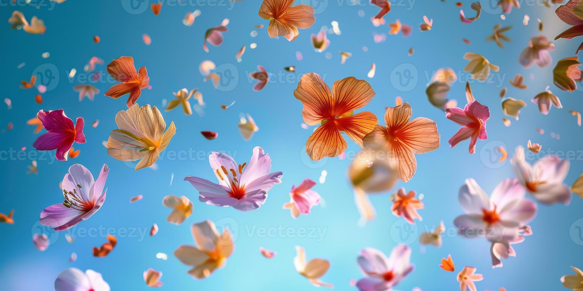 A colorful array of stunning flowers rests beneath a bright blue sky, evoking beauty and tranquility photo