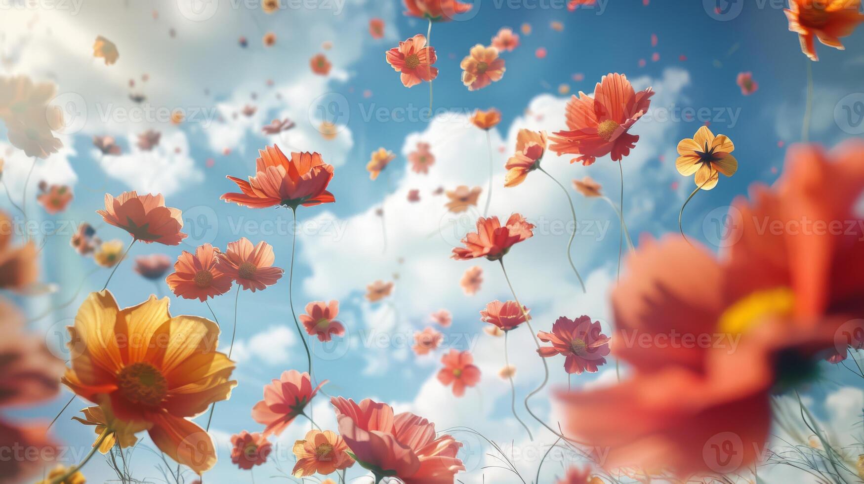 A stunning, breathtaking display of colorful flowers gently dancing in the vast sky alongside fluffy clouds photo