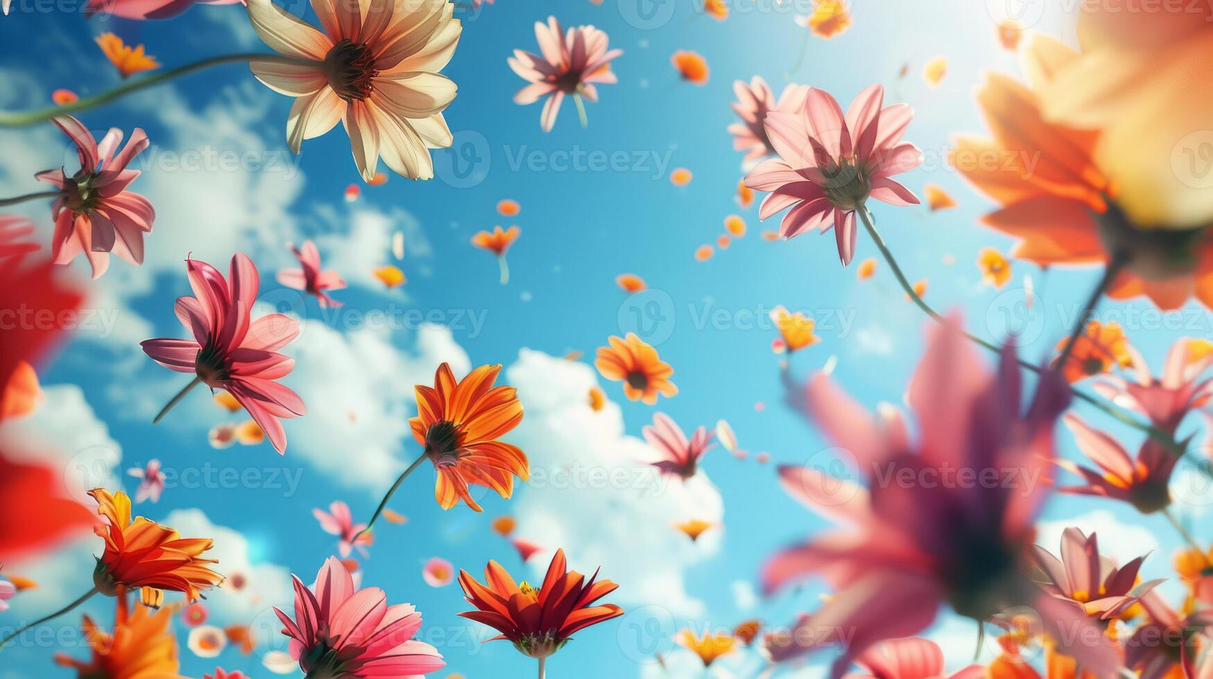 A breathtaking view showcasing a plethora of colorful flowers set against a stunningly bright blue sky photo
