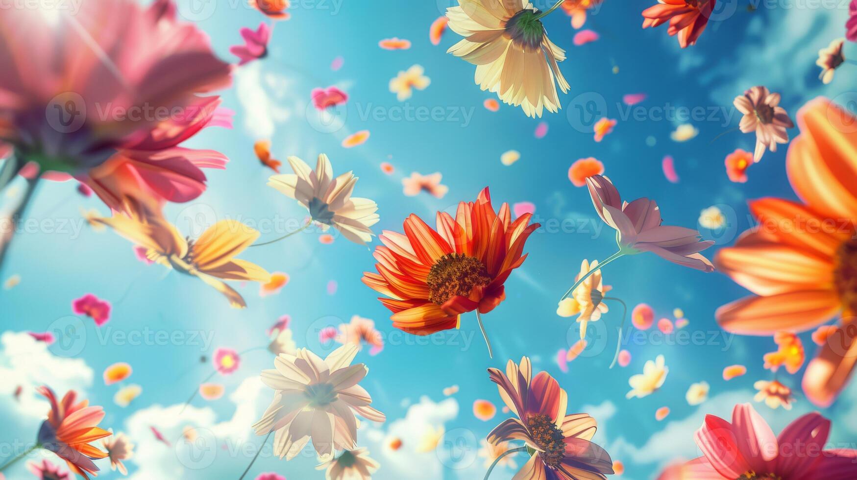 A vibrant display of colorful flowers floating in a bright sky, evoking beauty and tranquility in nature photo
