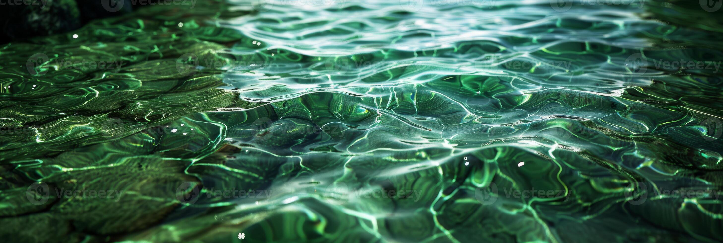 A serene and tranquil view of a smooth water surface featuring delightful ripples and lush green reflections photo