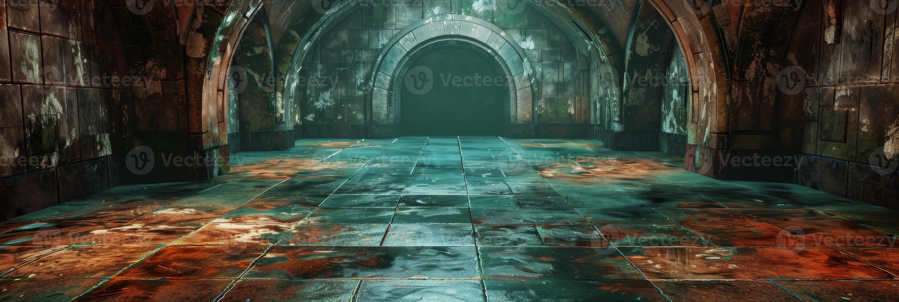 Discover and explore a haunting subterranean space filled with ancient architecture and stunning vibrant reflections photo