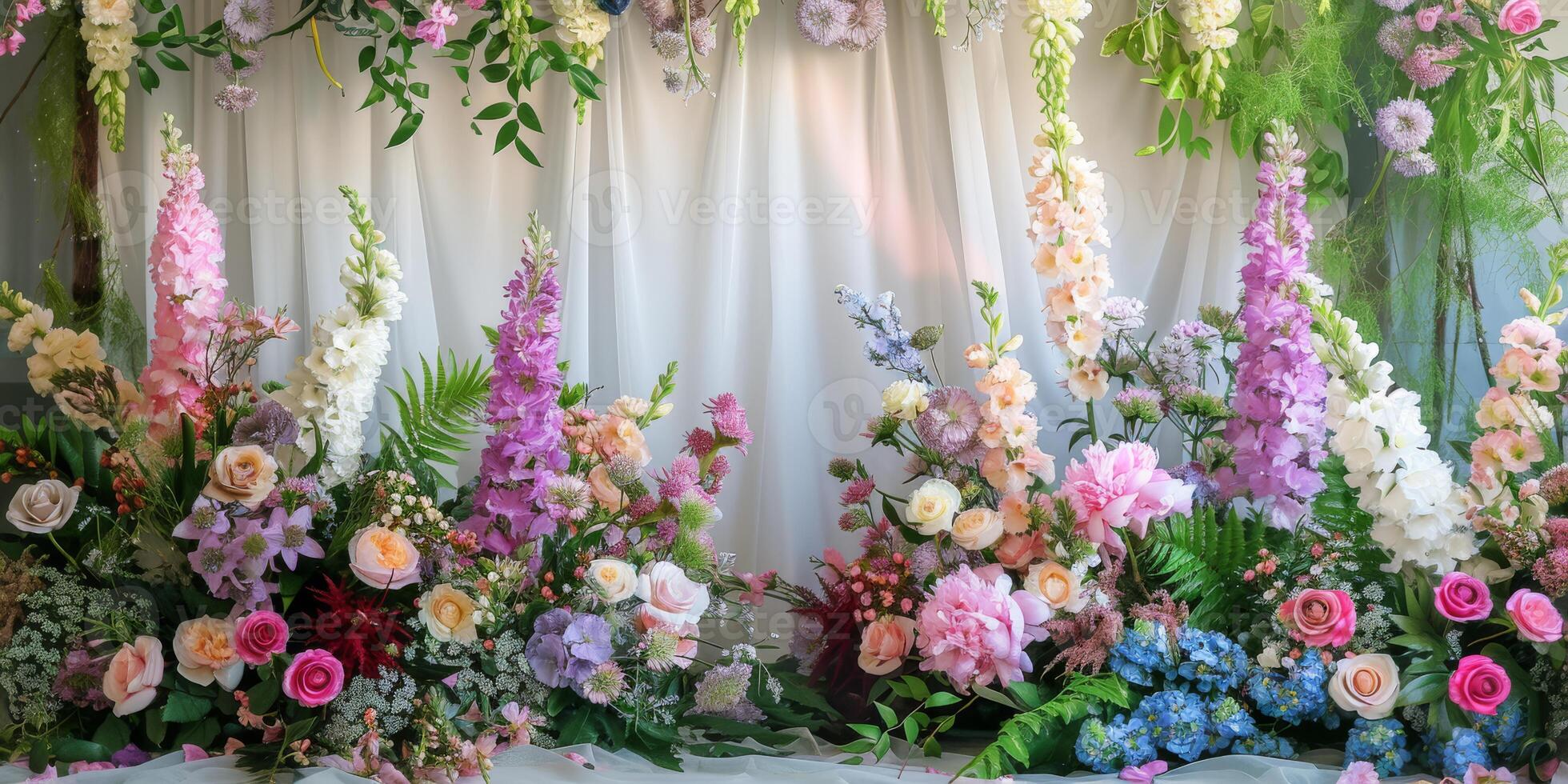 A stunning, colorful floral display that features beautiful roses, hydrangeas, and lush greenery for various events photo