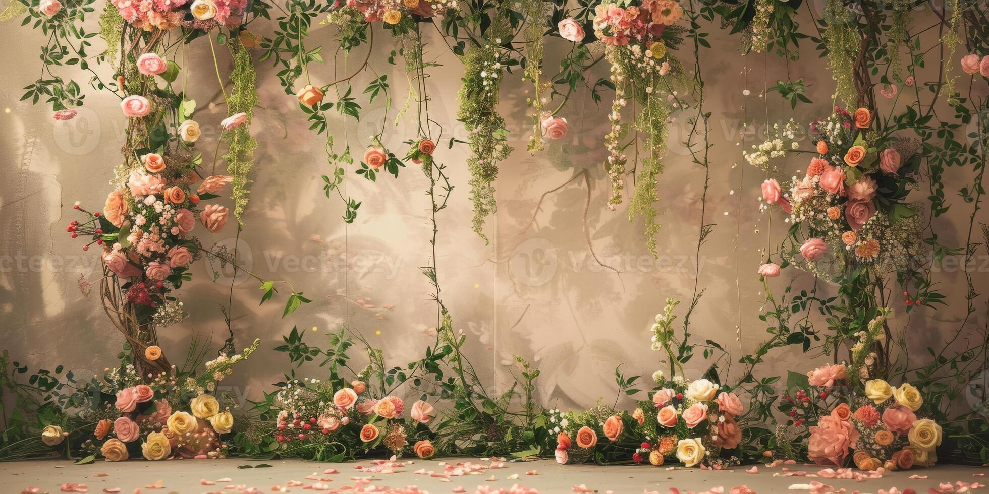 A stunning floral frame with pastel flowers and lush greenery, ideal for various events and occasions photo