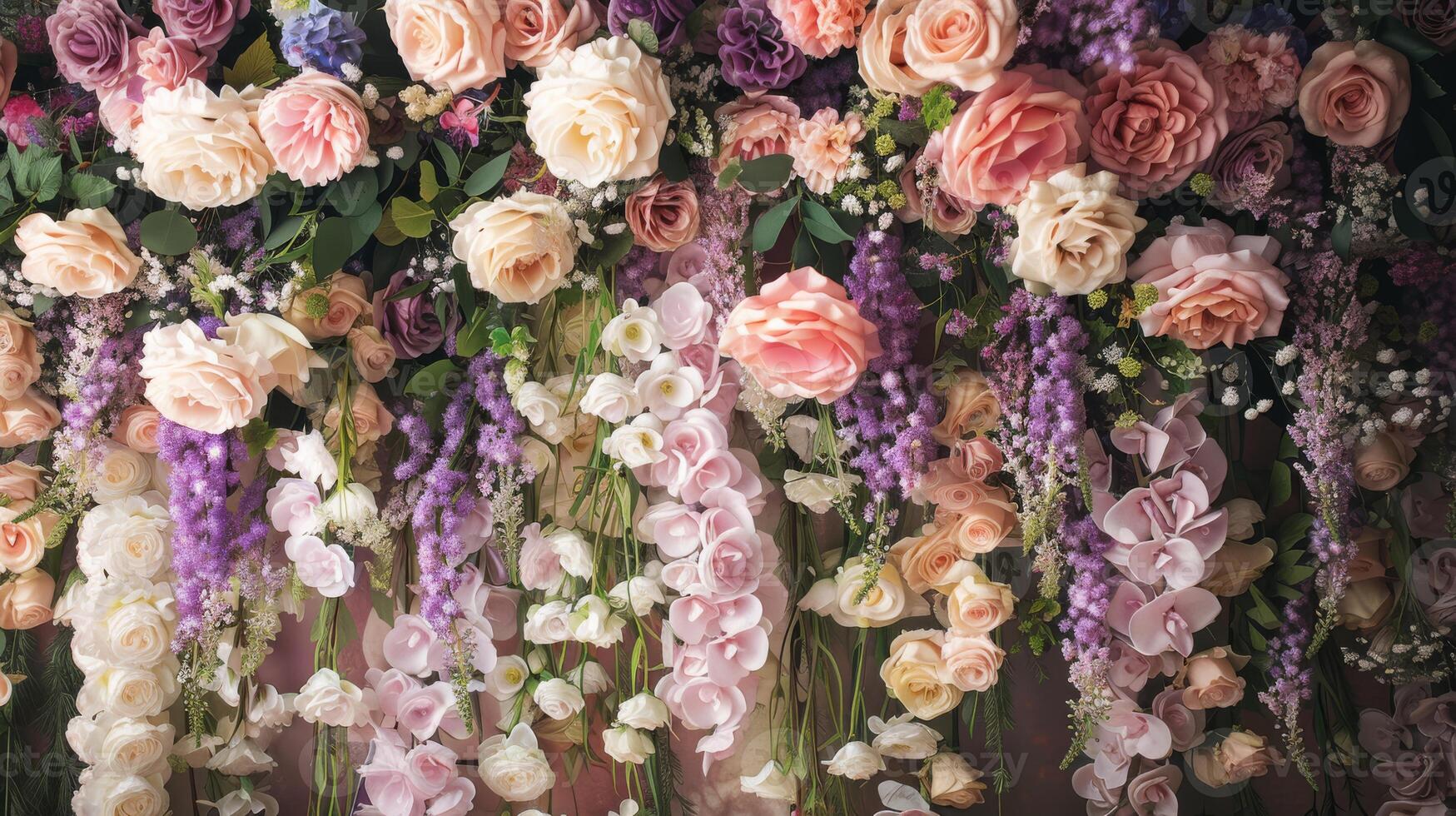 A stunning and visually captivating display of colorful roses and exotic orchids creating a vibrant backdrop of beauty photo