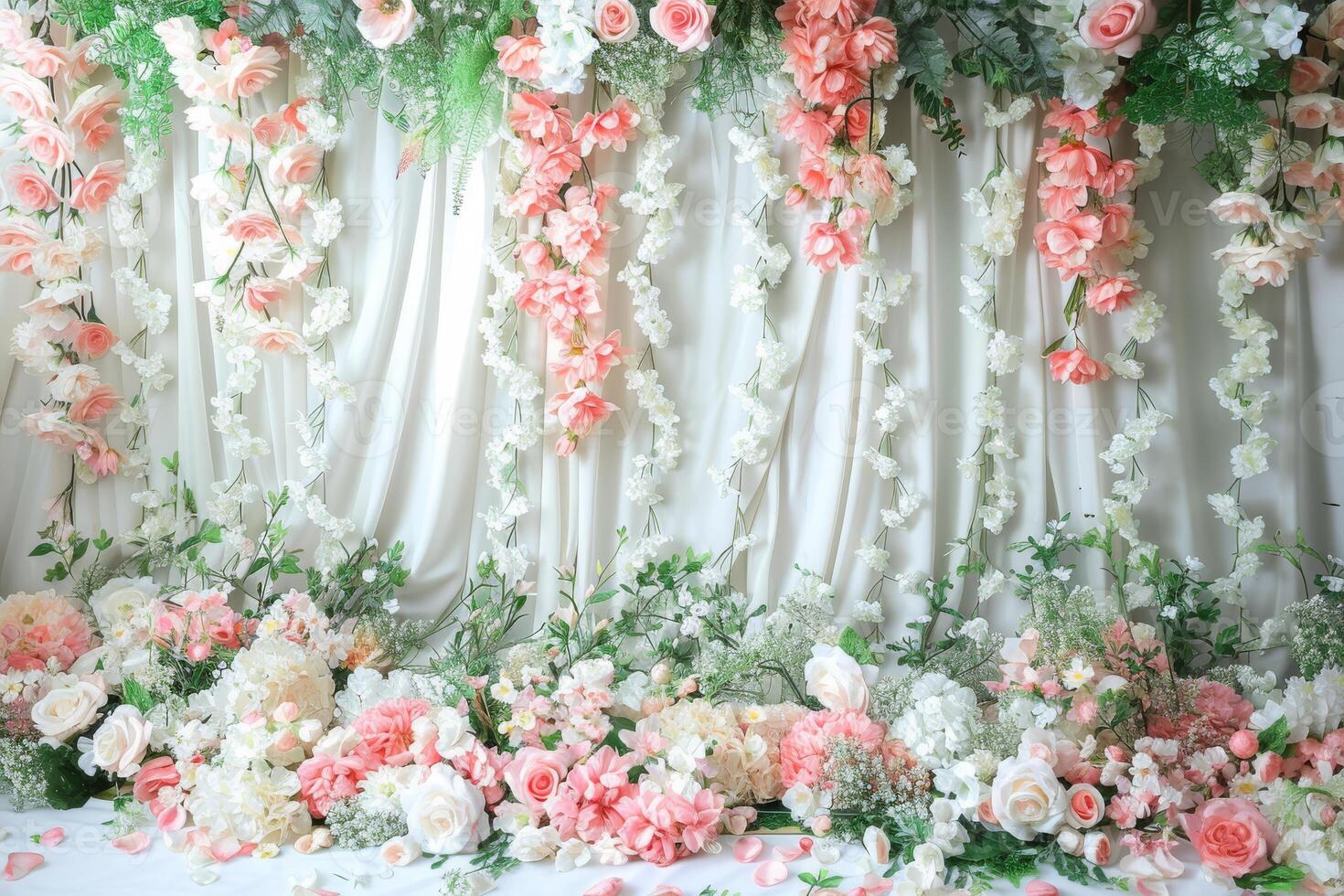 Beautiful arrangement of pink and white flowers adorning a draped backdrop, perfect for weddings and events. photo