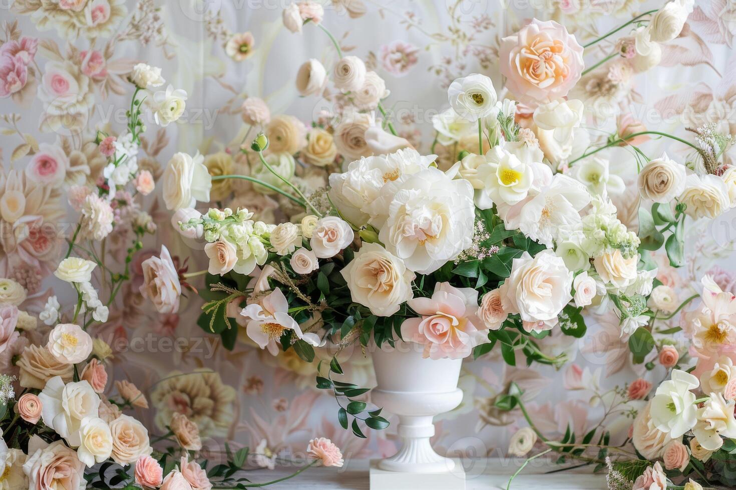 A stunning arrangement of pastel flowers in a stylish white vase, perfect for weddings and special occasions photo