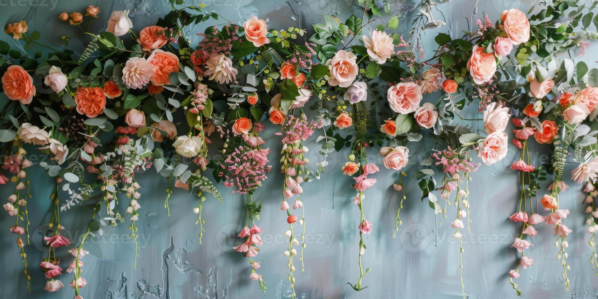An abundant and lush display of vibrant roses and elegant greenery cascading beautifully against a textured backdrop photo
