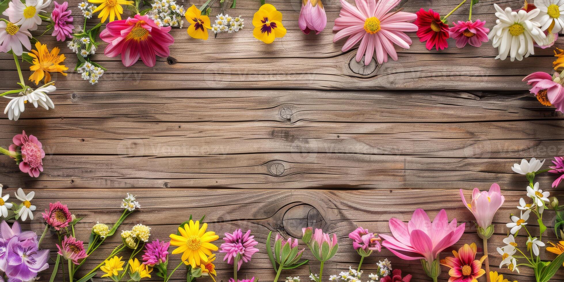 A colorful array of flowers surrounds a rustic wooden backdrop, ideal for unique invitations, cheerful cards, or inspiring naturethemed designs that truly stand out in any artistic endeavor photo