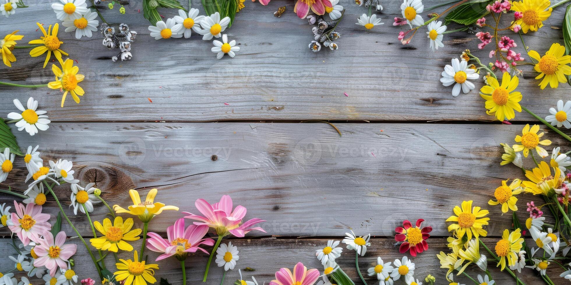 A breathtaking arrangement of beautifully colorful flowers elegantly surrounds a rustic wooden surface, crafting a perfect frame that inspires all your creative projects and artistic endeavors photo