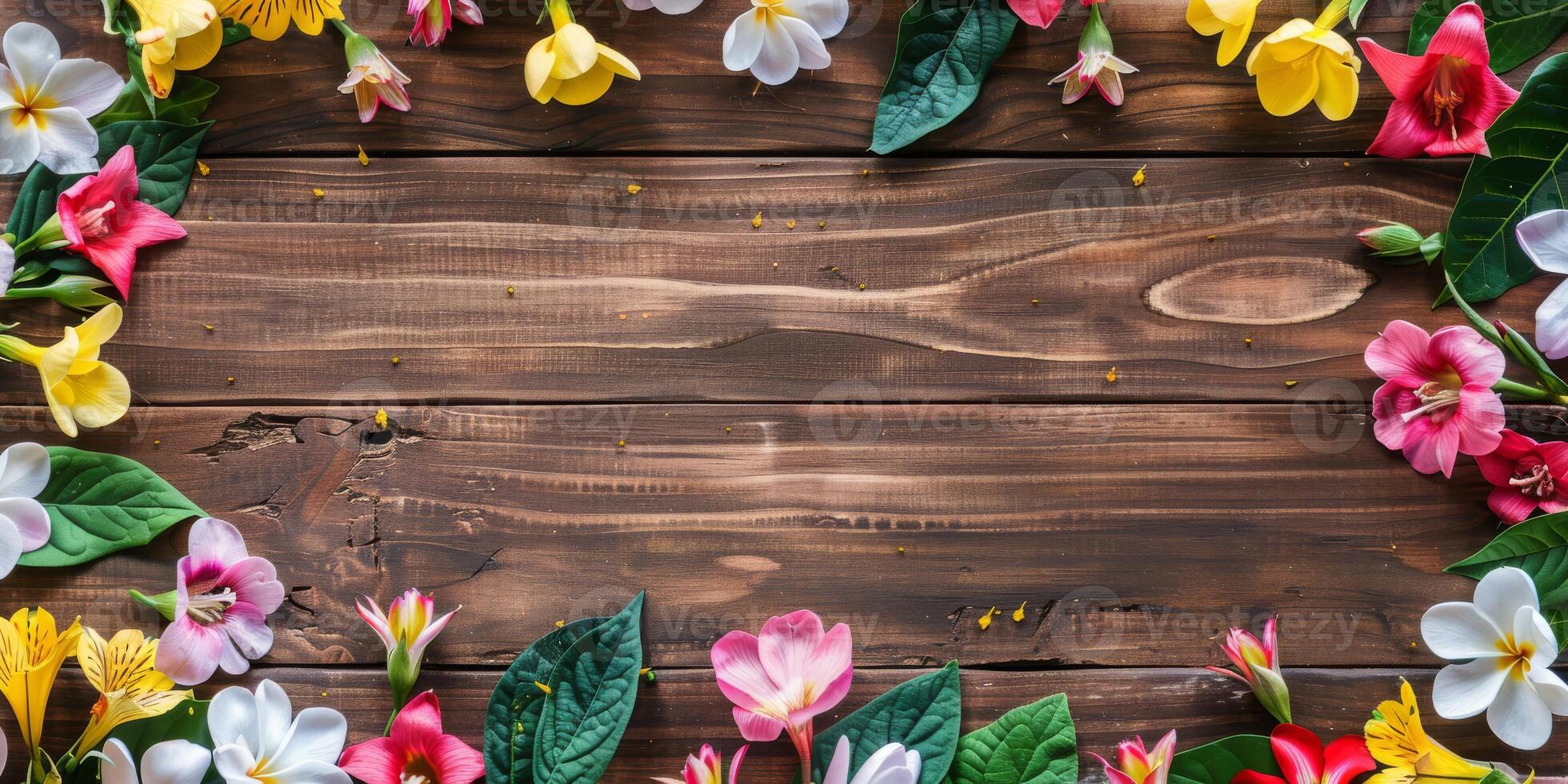 A vibrant frame made up of a rich assortment of beautiful flowers and various leaves beautifully surrounds a rustic wooden surface, making it perfect for naturethemed designs, invitations, and more photo