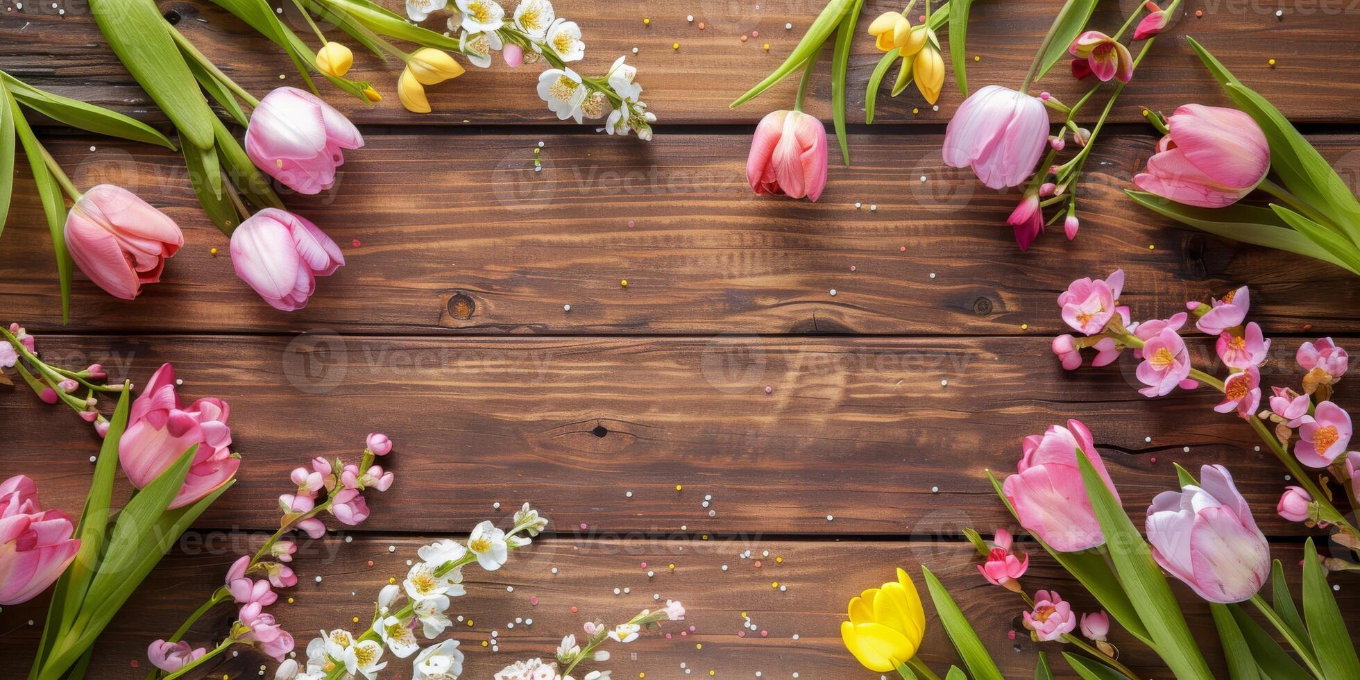 A stunning and vibrant display showcasing an array of colorful tulips and elegant orchids elegantly surrounding a rustic wooden tabletop, creating the perfect ambiance for spring and floral themes photo