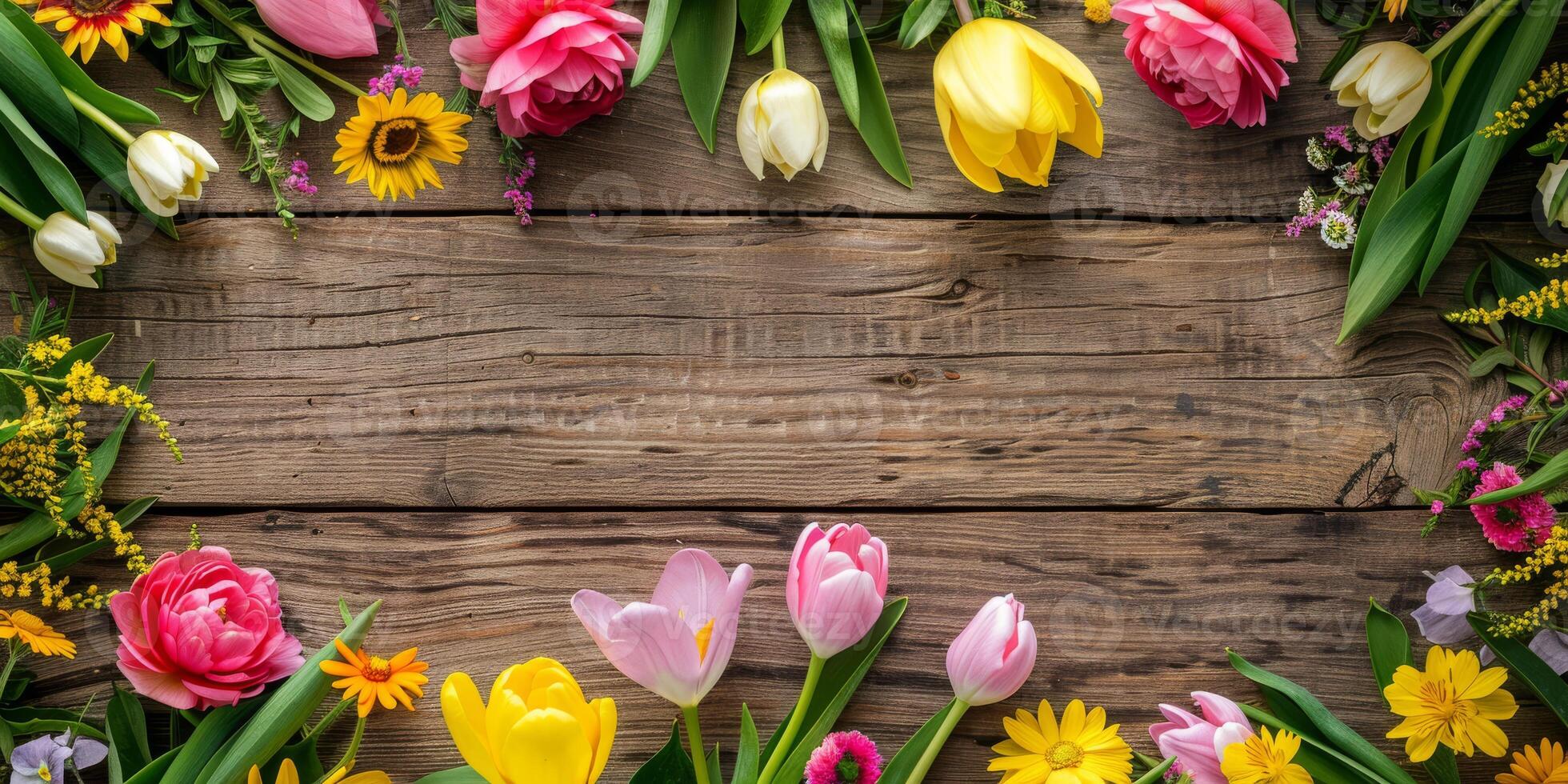 A vibrant array of colorful flowers surrounds a rustic wooden background, creating a charming space to include your personalized message or image at the center, enhancing its appeal photo