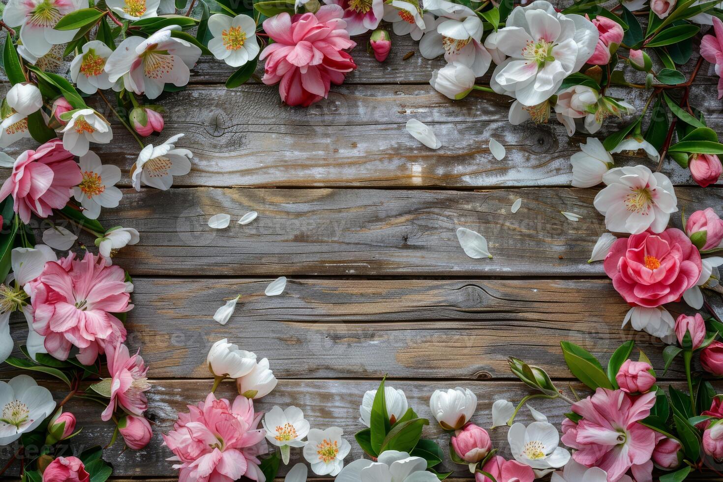 This is a breathtaking arrangement featuring beautiful pink and white flowers artistically placed around a rustic wooden background, which is ideal for cultivating a serene and natural atmosphere photo