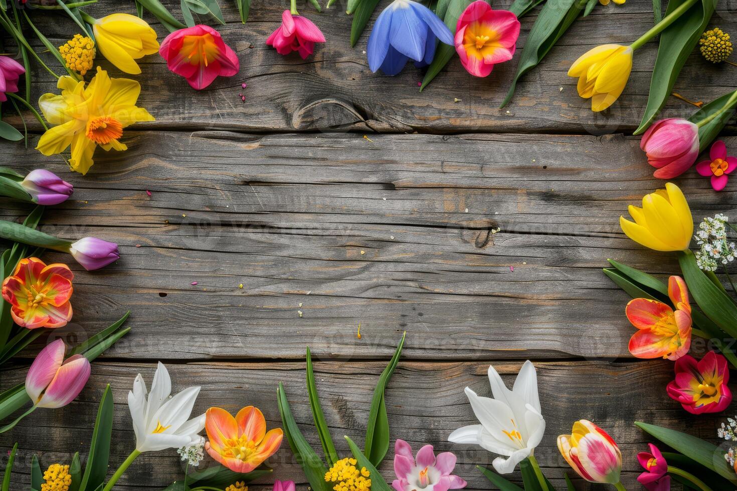 This colorful spring flower collection features stunning tulips and elegant lilies arranged on rustic wood, perfect for enhancing seasonal decor and adding cheer to any event or celebration photo