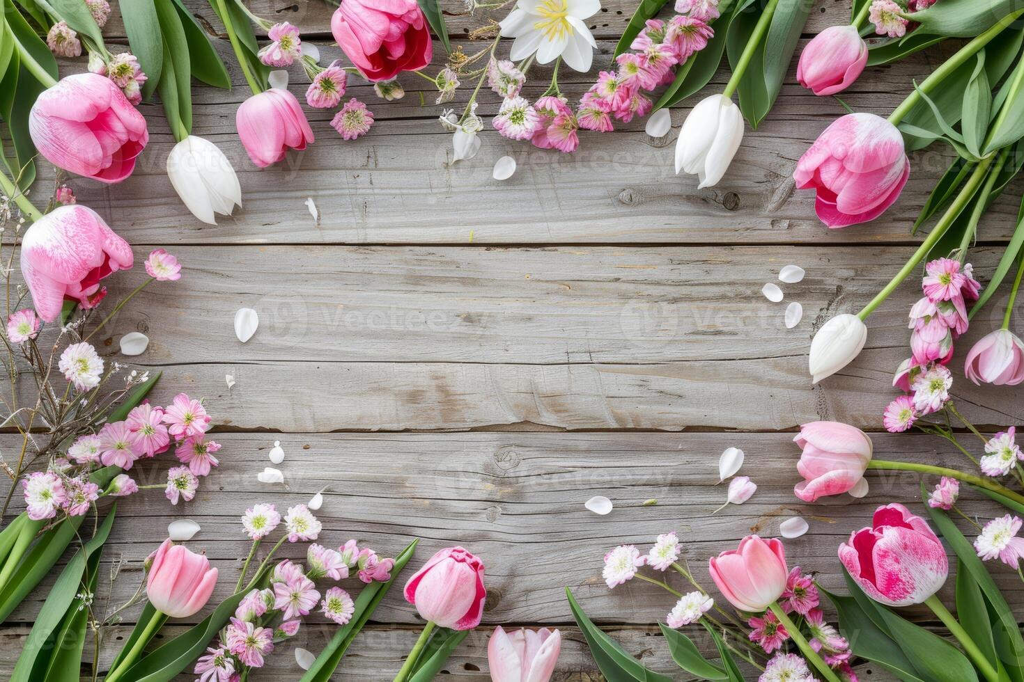 A breathtaking floral display showcasing vibrant pink and pristine white tulips along with various other blossoms set against a rustic wooden background, ideal for springthemed designs and projects photo