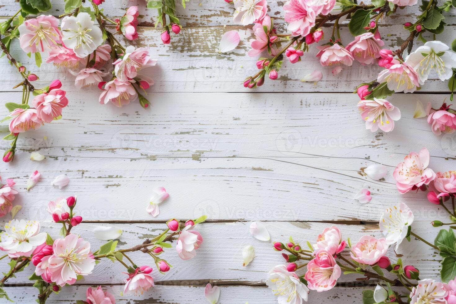 A vibrant array of pink blossoms and delicate buds on a weathered wooden surface, creating a perfect spring backdrop that evokes joy and love while captivating the senses with their beauty photo