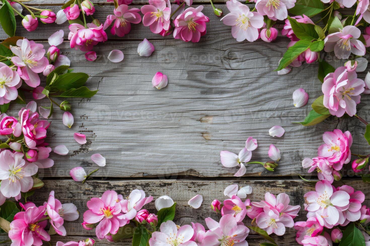 A breathtaking arrangement of vibrant pink blossoms artfully framing a rustic wooden surface, making it an ideal choice for naturethemed design projects and enchanting spring decorations photo