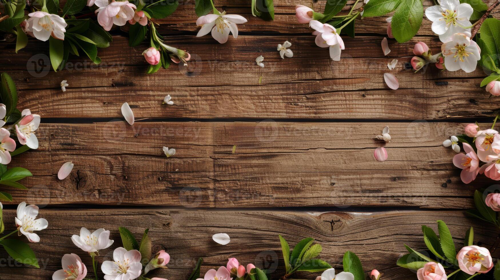 This is a breathtaking composition showcasing an array of delicate flowers elegantly arranged upon a rustic wooden surface, ideal for inspiring naturethemed designs and evoking the essence of spring photo