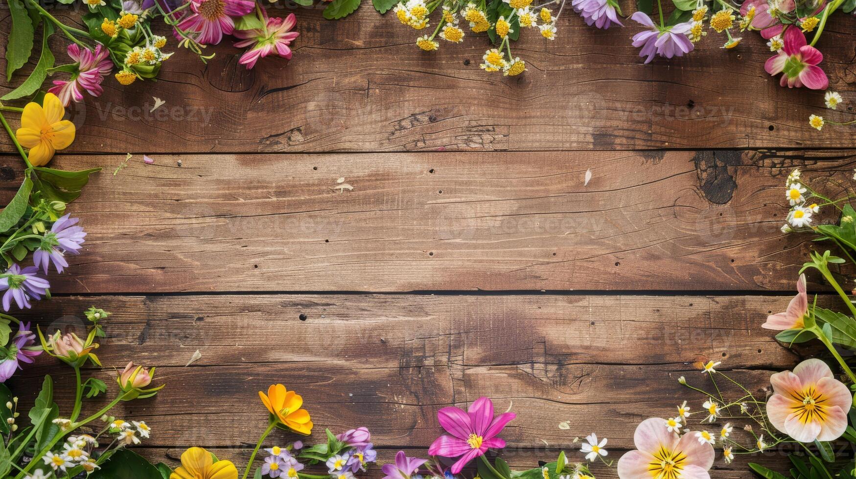 This stunning floral arrangement showcases a vibrant array of beautiful flowers, artfully displayed against a rustic wooden backdrop. It is perfect for enhancing springthemed designs and decorations photo
