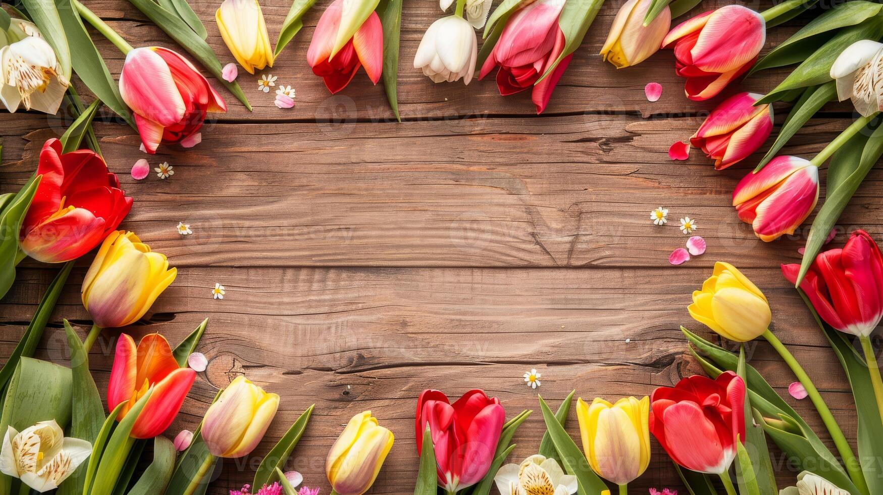 A stunning and vibrant display of colorful tulips beautifully arranged on a rustic wooden surface, creating an exquisite frame for any setting. Perfect for springtime inspirations and floral themes photo