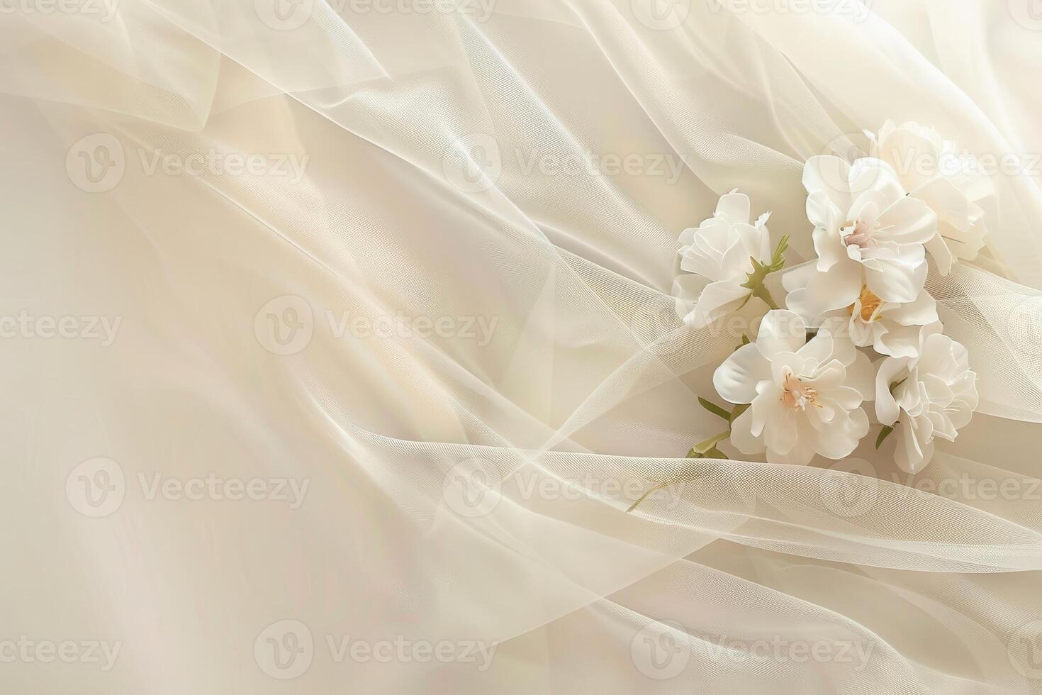 An exquisite and delicate arrangement of white flowers draped in beautifully soft, flowing fabric material photo