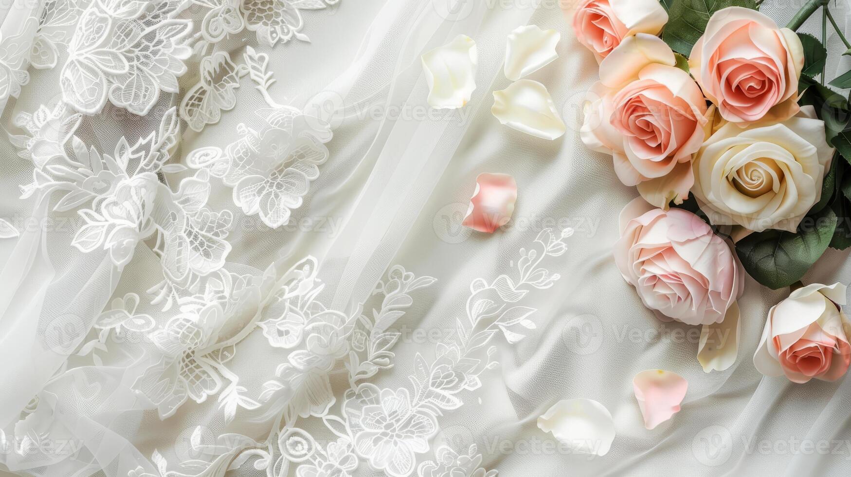 An exquisite arrangement of soft, elegant roses beautifully placed on a delicate wedding dress fabric photo
