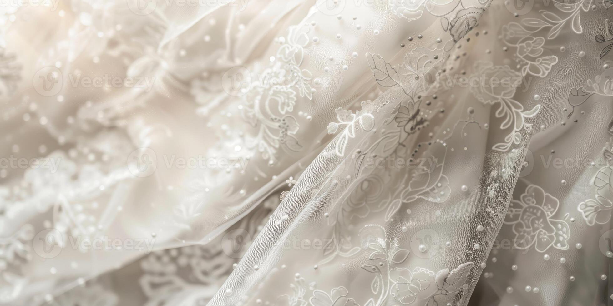 A lightweight white fabric featuring intricate embroidery and pearl accents, ideal for bridal designs photo