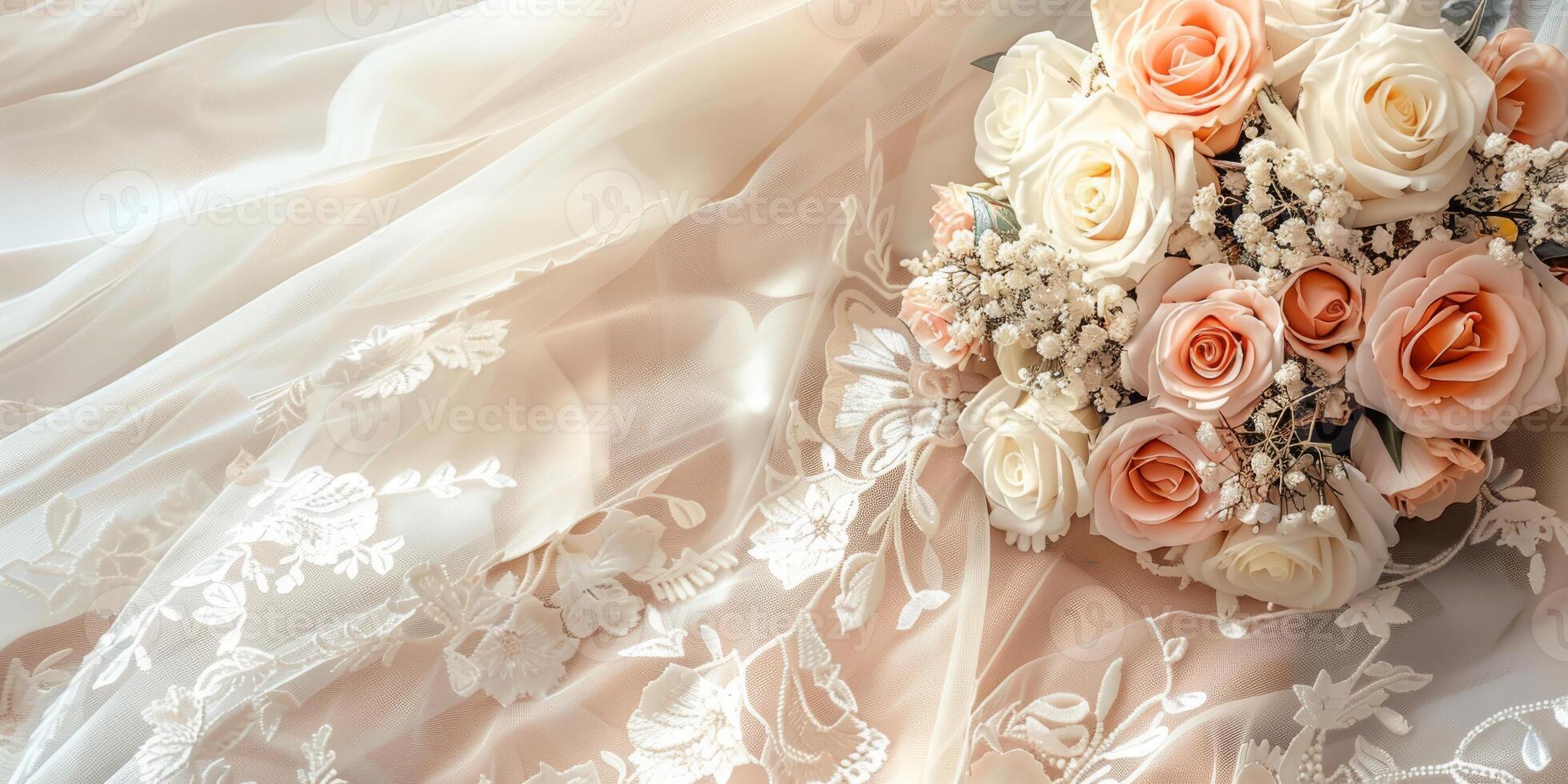 A beautiful and delicate bridal bouquet elegantly resting on luxurious wedding dress fabric with finesse and charm photo