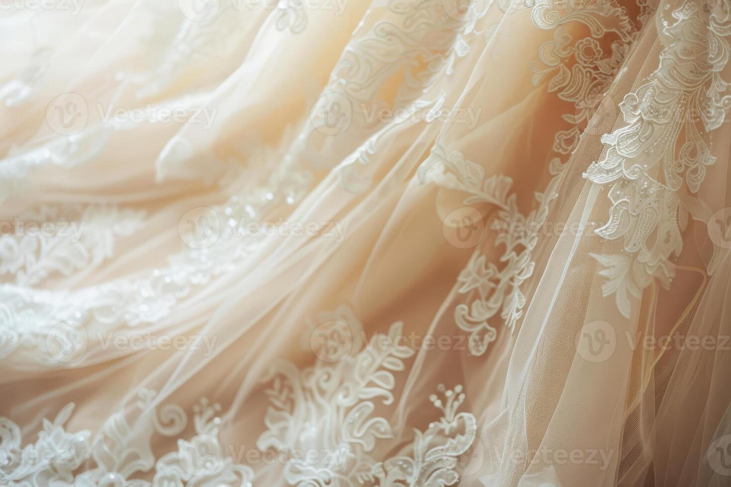 A closeup shot of a stunning and exquisite wedding dress, adorned with delicate lace and soft luxurious fabric photo