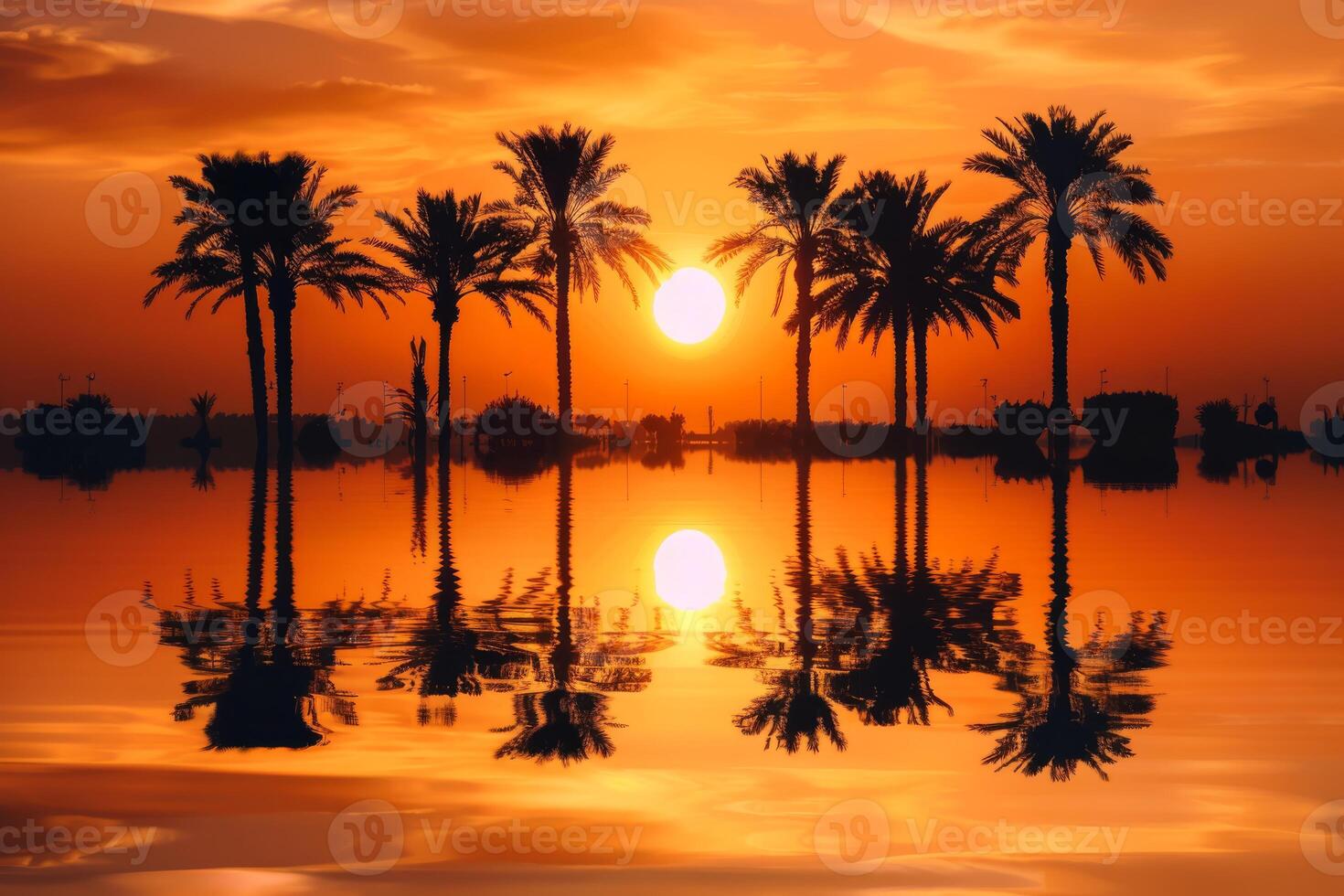 A breathtaking sunset scene featuring palm trees beautifully reflecting on calm water, ideal for deep relaxation photo