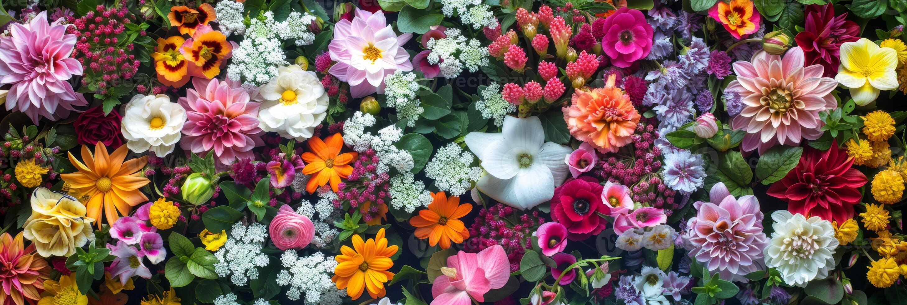 A stunning display of diverse, vibrant flowers in a lush garden setting, showcasing nature's beauty. photo