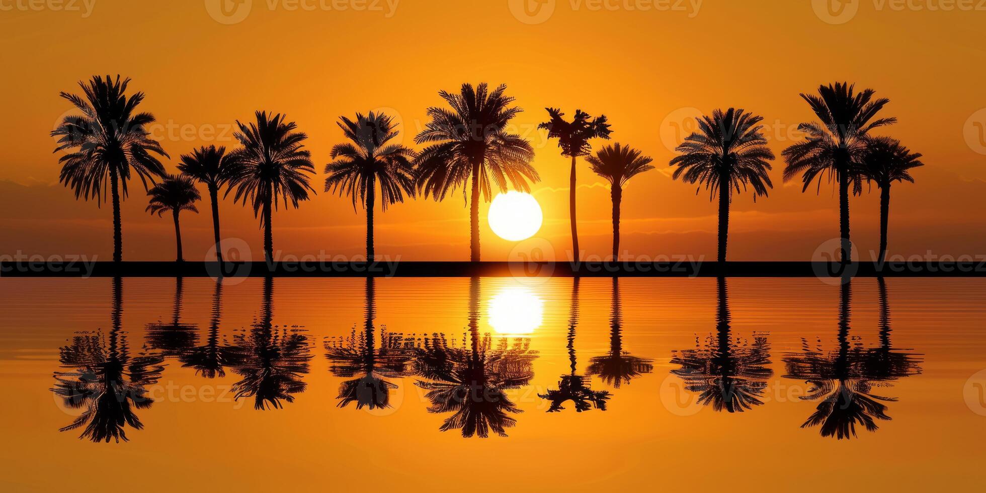 A tranquil sunset with silhouetted palm trees and shimmering reflections on calm water creates a picturesque scene photo