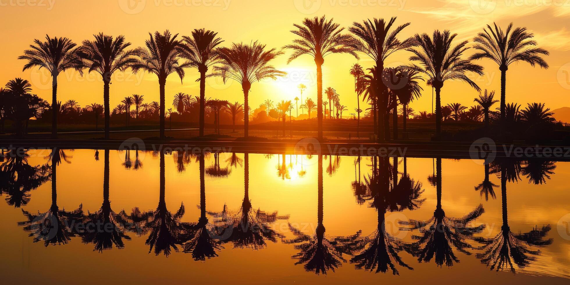 A breathtaking sunset casting its glow over palm trees, which are beautifully reflected in the serene, calm waters photo