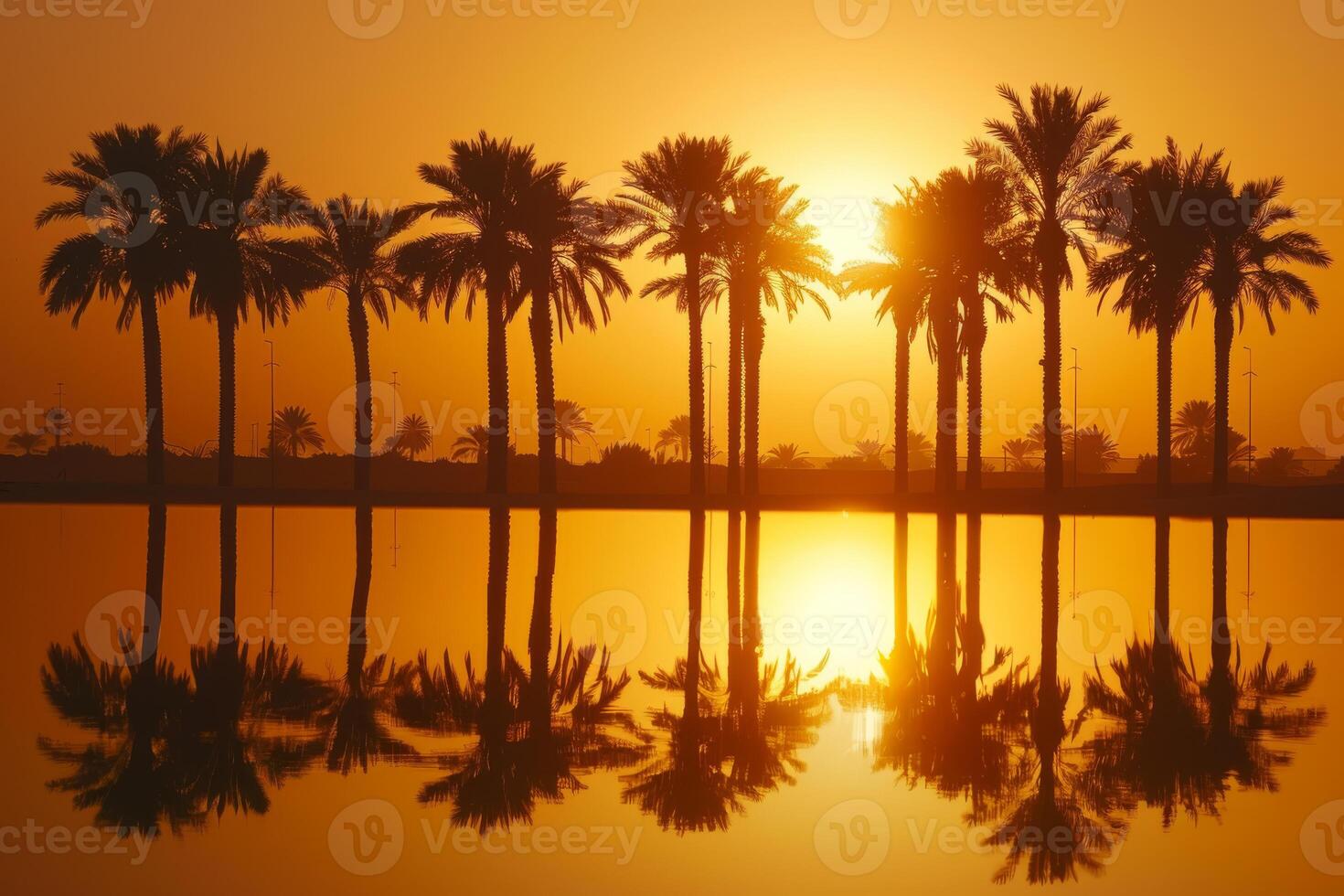 A breathtaking and colorful sunset beautifully mirrored in the serene, tranquil waters lined with tall palm trees photo