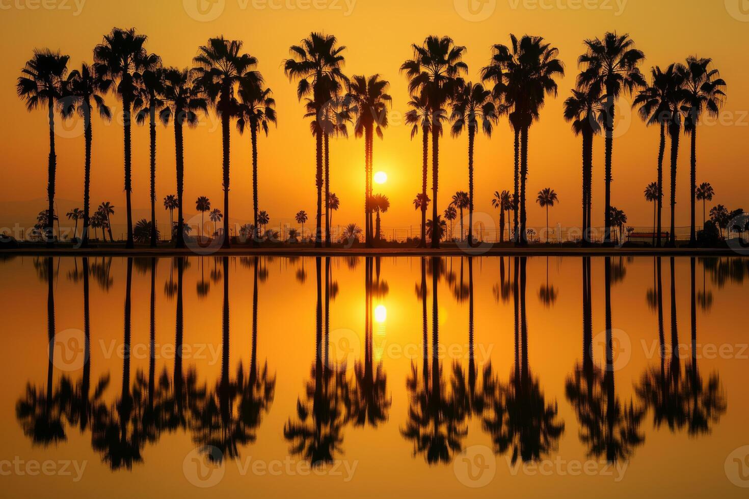 A breathtaking sunset uniquely reflected and mirrored in the tranquil waters, beautifully adorned with tall palm trees photo
