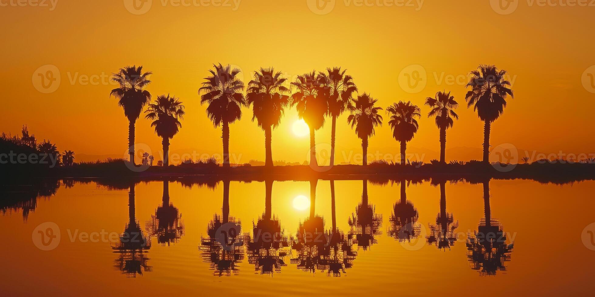 A stunning and picturesque sunset is illuminating palm trees, creating reflections upon the calm waters photo
